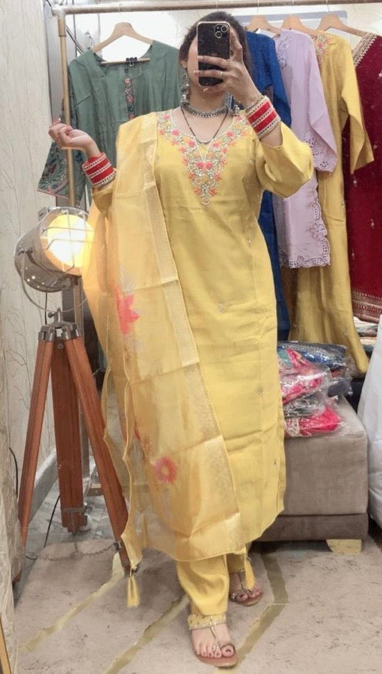 MYRA yellow orgenza printed dupatta handwork suit on neck