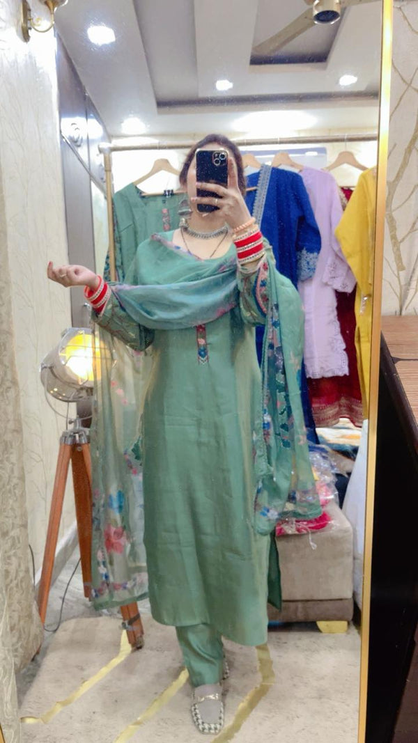 Ethnic green threadwork cotton