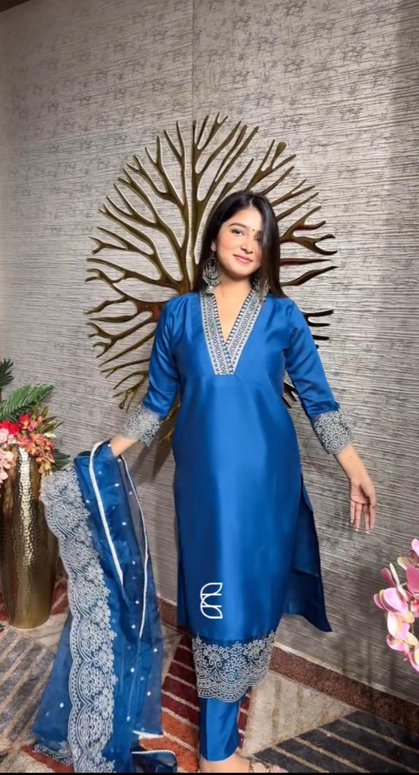 Royal Look Embroidered V Neck Suit with Printed Dupatta